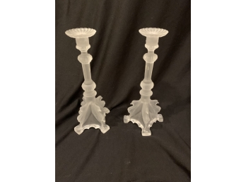 PAIR OF FROSTED GLASS CANDLE STICKS.