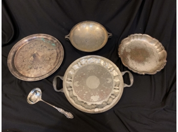 LOT OF 4 SILVER PLATE PLATTERS AND 1 SILVER PLATE