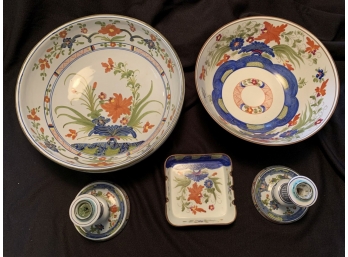 LOT OF TWO PAINTED BOWLS, ASHTRAY, AND CANDLE