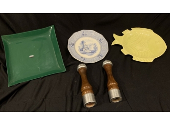 LOT OF 3 MISCELLANEOUS PLATES AND SALT AND PEPPER