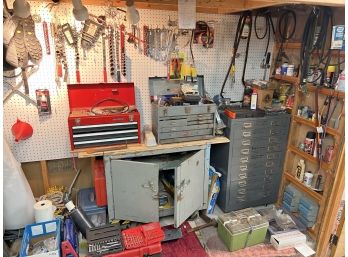 WALL OF TOOLS, HARDWARE, SUPPLIES, ETC
