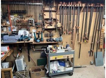 WALL OF CLAMPS, POWER TOOLS, ETC