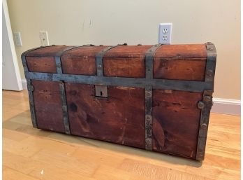 ANTIQUE IRON BOUND PINE DOME TOP CHEST
