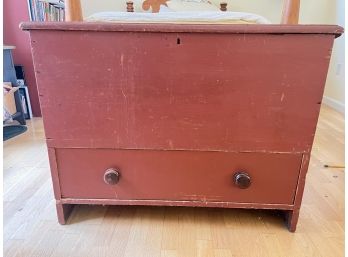ANTIQUE LIFT TOP BLANKET CHEST IN RED PAINT