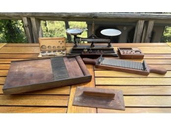 VINTAGE PHARMACISTS SCALE, WEIGHTS, PILL ROLLERS