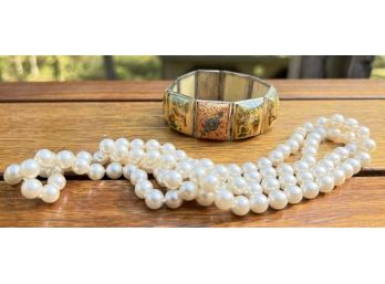 HAND PAINTED ASIAN SILVER BRACELET W/ PEARLS