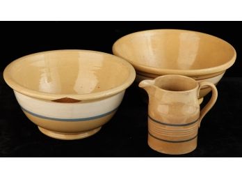 (2) YELLOWWARE BOWLS and a SMALL PITCHER