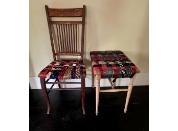 VICTORIAN SIDE CHAIR & STOOL with NECKTIE SEAT