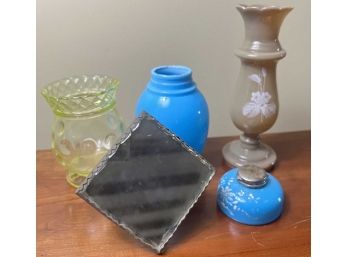 GROUPING OF GLASS VASES, INKWELL and MIRROR