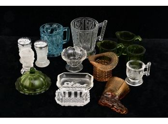 PRESSED GLASS CUPS, TOP HAT, MATCH HOLDER etc.