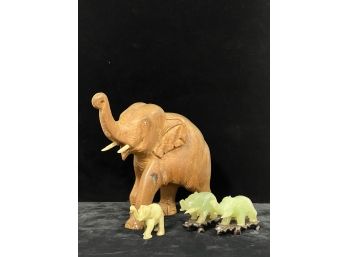 PAIR OF JADEITE ELEPHANTS & an WOODEN EXAMPLE