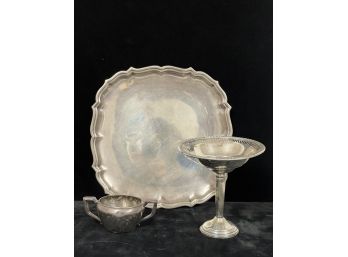 STERLING SILVER TRAY, COMPOTE and SUGAR BOWL