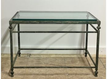 PATINATED WROUGHT IRON GLASS TOP TABLE