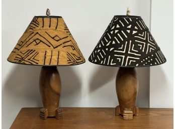 PAIR OF CARVED & TURNED WOODEN TABLE LAMPS