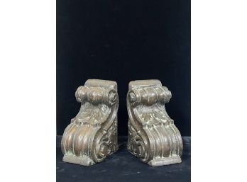 PAIR OF CARVED WOOD SCROLL-FORM  BOOKENDS