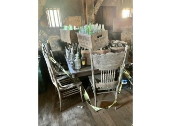 PICKERS CHOICE SODA BOTTLES, TABLE, CHAIRS