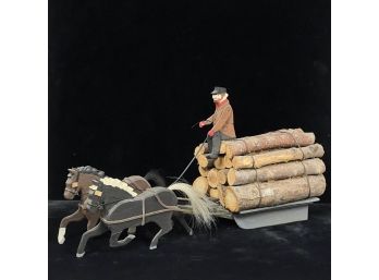 FOLK ART CARVED & PAINTED HORSE DRAWN LOGGER
