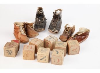 LOT of TOY BLOCKS and EARLY JUVENILE SHOES