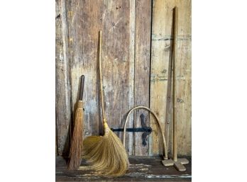 (2) HEARTH BROOMS, BUTTER CHURN PADDLE, OXBOW