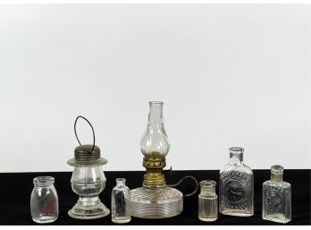 GROUPING MISC GLASS: FINGER LAMP, APOTHECARY, ETC