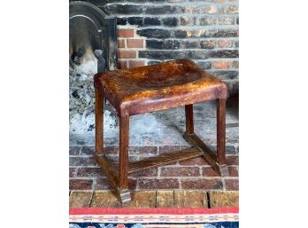 PRIMITIVE PINE HEARTH STOOL With LEATHER SEAT