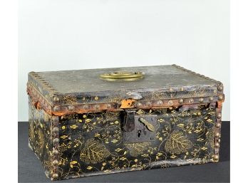 (19th C) HAND PAINTED LEATHER CLAD DOCUMENT BOX