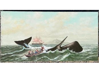 SIGNED 'WHALE HUNT' OIL ON CANVAS