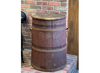 EARLY PAINTED 'B & L' IRON BOUND WOODEN BARREL