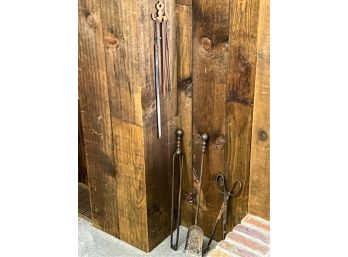 WROUGHT IRON SKEWERS & (3) FIREPLACE TOOLS
