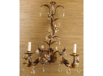 GILT WROUGHT IRON & CRYSTAL WALL SCONCE