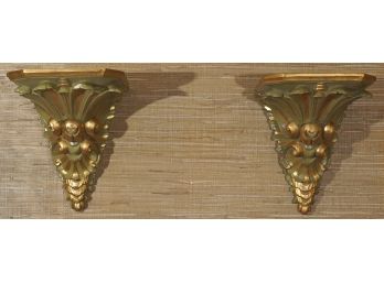 PAIR OF GILT & PAINTED WALL SHELVES