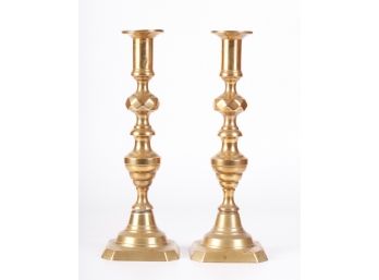 PAIR of INVERTED BEEHIVE BRASS CANDLESTICKS