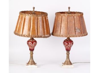 PAIR OF FROSTED CRANBERRY GLASS TABLE LAMPS
