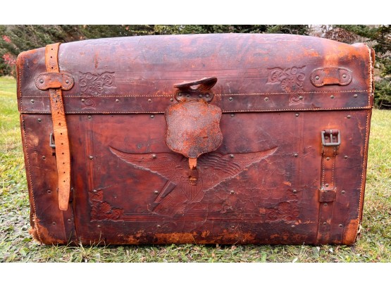 GREAT ANTIQUE LEATHER TRUNK With EAGLES