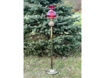 BRASS FLOOR LAMP with CRANBERRY GLASS SHADE