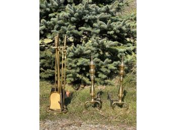 BRASS ANDIRONS & FIREPLACE TOOLS with URN FINIALS