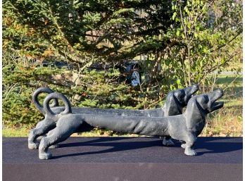 PAIR of FIGURAL CAST IRON DACHSHUND ANDIRONS