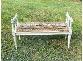 ANTIQUE CARVED & PAINTED BENCH - NEEDLEPOINT SEAT