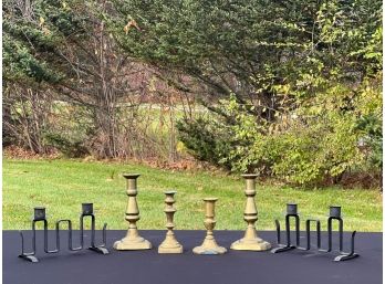 (4) (19th c) BRASS PUSHUP CANDLESTICKS & (2) OTHER