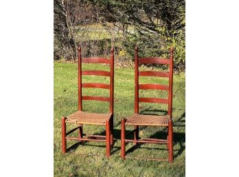 PAIR of (18th c) LADDERBACK CHAIRS in RED PAINT