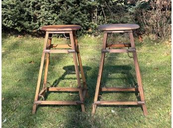 PAIR Of ANTIQUE STOOLS With UNUSUAL IRON BRACKETS