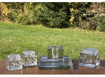 (4) CRYSTAL INKWELLS & (1) PEN STAND