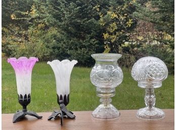 (2) CUT GLASS LAMPS & (2) SPATTER GLASS LAMPS