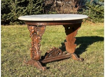 BELGIAN CARVED MAHOGANY MARBLE TOP ANGEL TABLE