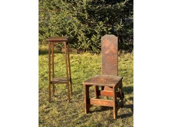 ARTS + CRAFTS OAK PLANT STAND & BURNTWOOD CHAIR