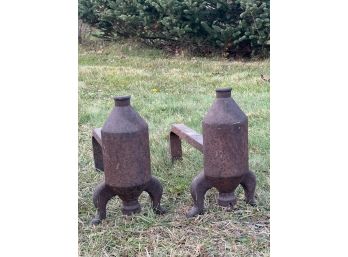 PAIR Of UNUSUAL FORM CAST IRON ANDIRONS