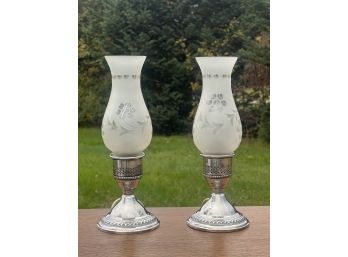 PAIR WEIGHTED STERLING LAMPS with ACID CUT SHADES
