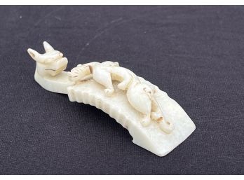 CARVED CHINESE WHITE JADE BELT HOOK With DRAGONS