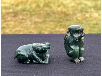 (2) CARVED CHINESE SPINACH JADE ANIMALS