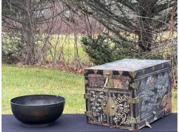 CHINESE BRONZE BOWL & UNUSUAL MOTHER Of PEARL BOX